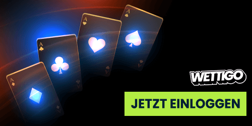 Leuchtende Spielkarten neben dem grünen Einloggen Button